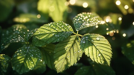 Wall Mural - Green Leaves with Dew Drops and Bokeh Background