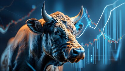 Wall Mural - Bullish Market Trends Illustrated: Uptrend Line Graph and Stock Market Bull on Blue Background