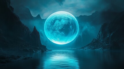 Wall Mural - Futuristic fantasy landscape featuring a sci-fi scene with a cold planet, illuminated by neon lights. 