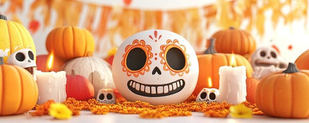 Colorful Halloween decoration featuring skull, pumpkins, candles, and vibrant flowers, perfect for autumn celebrations.