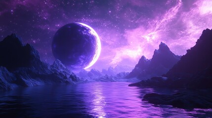 Wall Mural - Futuristic fantasy landscape featuring a sci-fi scene with a cold planet, illuminated by neon lights. 