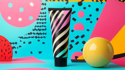 Colorful playful mockup of an empty beauty product tube against vibrant background. design features bold patterns and bright colors, creating an energetic and fun atmosphere