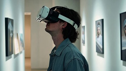 Poster - A person wearing a virtual reality headset stands in an art gallery, engaging with digital art displayed on the walls. The atmosphere is modern and immersive.