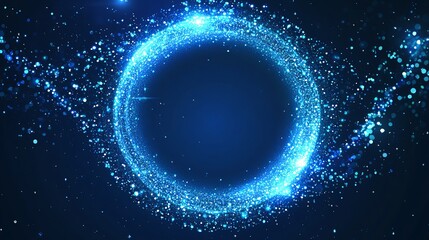 Wall Mural - Vector abstract blue background with a geometric frame of circular shapes. The pattern consists of dots, particles, molecules, and fragments, creating a circular ornament.