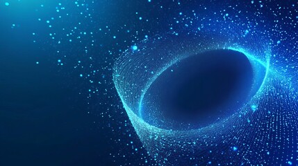 Wall Mural - Vector abstract blue background with a geometric frame of circular shapes. The pattern consists of dots, particles, molecules, and fragments, creating a circular ornament.