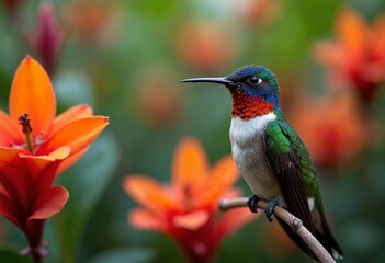 Close up of a colorful hummingbird perched among vibrant flowers in tropical rainforest