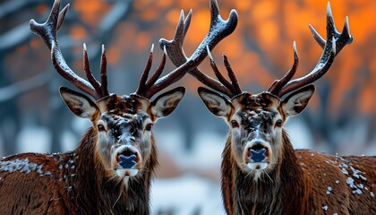 Intimate winter encounter between two majestic red deer stags in a snow-covered landscape