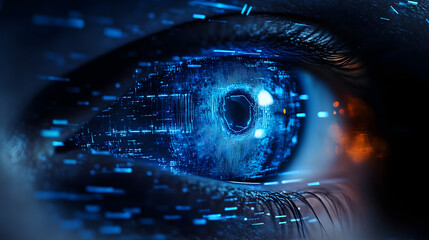 Poster - A closeup of a blue digital cyber electronic light beam on a human eye