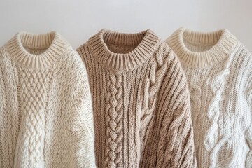 Three cozy knit sweaters in shades of cream and beige, isolated on a white background