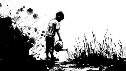 Wall Mural - black and white drawing of kid watering green colored grass. Image with funny twist