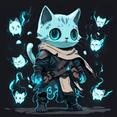 Canvas Print - Magical Cat Warrior with Blue Flames