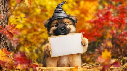 A cute dog wearing a witch hat holds a blank sign, surrounded by vibrant autumn leaves in a colorful fall setting.