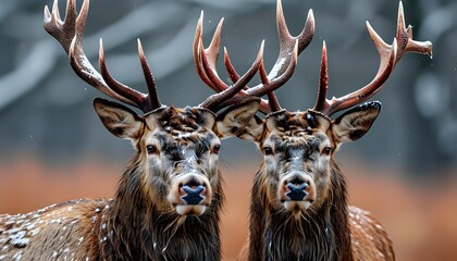 Wall Mural - Intimate winter encounter between two majestic red deer stags in a snow-covered landscape