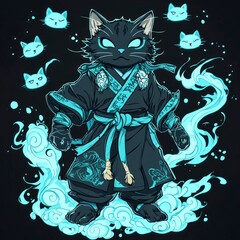 Sticker - Mystical Black Cat Ninja with Blue Smoke and Clouds