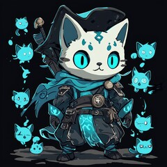 Poster - Cute Cat Character with Glowing Blue Spirits