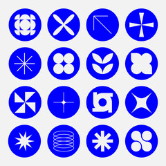 Wall Mural - Set of neomodern geometric blue stickers, stamps in circle shapes. Brutalism, futuristic, memphis pattern background. Modern design for cards, invitation, branding, banner	