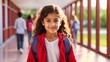 © Eightshot Images - Young girl with long hair wearing a red hoodie and backpack, walking in a sunlit school corridor, smiling warmly.