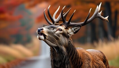 Wall Mural - Majestic red deer roaring amid autumn traffic during rutting season