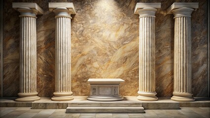 Ancient stone podium with antique columns on marble background for products presentation