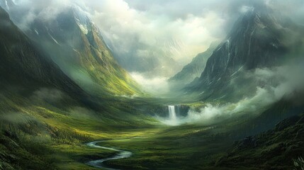 Wall Mural - Enchanted Valley with Waterfall and Misty Mountains