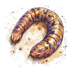 Canvas Print - Watercolor Illustration of a Brown and Purple Larva on Sand.