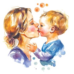 Poster - Watercolor illustration of a mother kissing her baby.