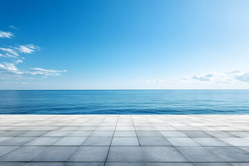 Wall Mural - Blue sky with empty concrete floor and sea view. Vibrant banner with space for copy. Horizontal image of a calm ocean and clear sky. Ideal for promotional use
