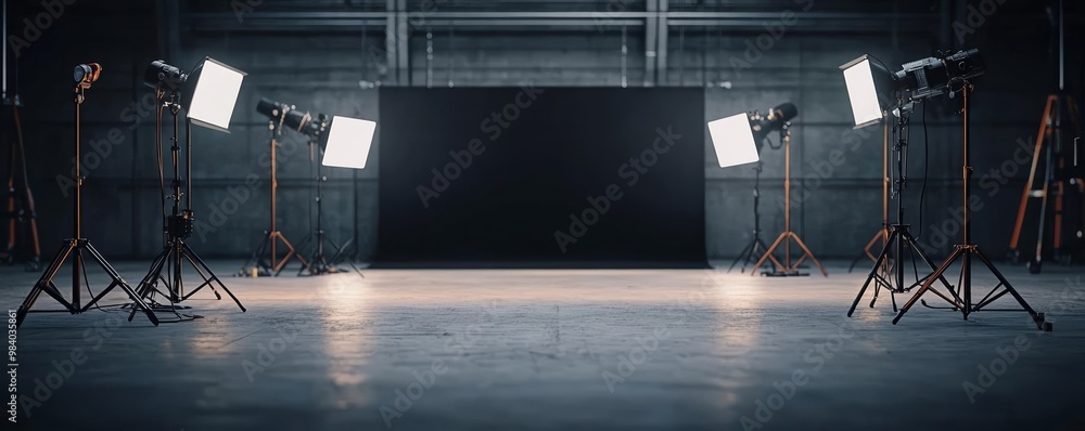 Dimly lit film shoot preparation in an industrial warehouse, with ...