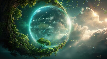 Poster - A surreal image of a giant, decaying globe being revitalized by a swirling vortex of vibrant, life giving energy.