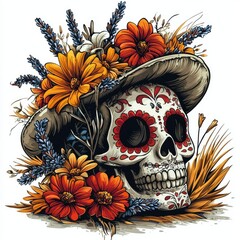 Canvas Print - Day of the Dead Sugar Skull with Flowers and Hat