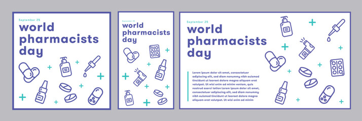 World Pharmacist Day greeting card with medical icon vector design template set. Hospital, Care, Health color. September 25
