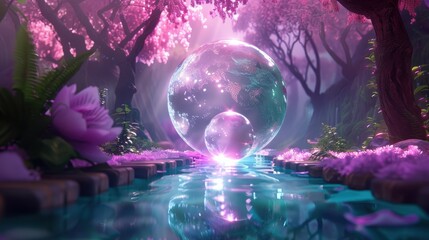 Canvas Print - A whimsical, otherworldly landscape where a shimmering, holographic globe reveals hidden pathways to fantastical realms.