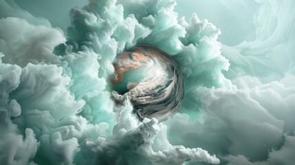 Wall Mural - A haunting, abstract painting depicting a distorted globe surrounded by swirling, ominous clouds, symbolizing the looming threat of climate change.