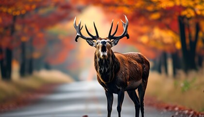 Wall Mural - Majestic red deer roaring amid autumn traffic during rutting season