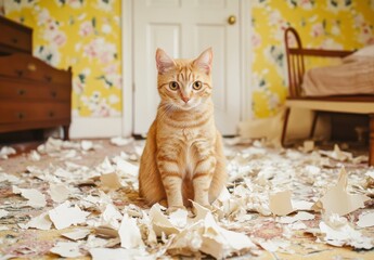 Wall Mural - A cat is sitting on a pile of shredded paper. The cat is orange and has a curious expression on its face. The scene is messy and chaotic, with the shredded paper covering the floor