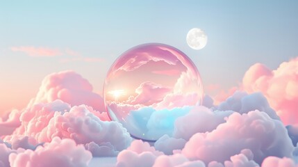 Poster - A serene, ethereal scene where a shimmering globe rests on a bed of fluffy clouds, its surface reflecting the glow of the moon.