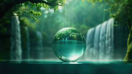 Wall Mural - A magical, otherworldly landscape where a translucent globe hangs above a crystal clear lake, its surface reflecting the surrounding forest.