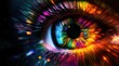 © Bambalino Studio - A colorful eye with a rainbow of colors. The eye is surrounded by a blurry background. The eye is the main focus of the image, and the colors make it look like a work of art