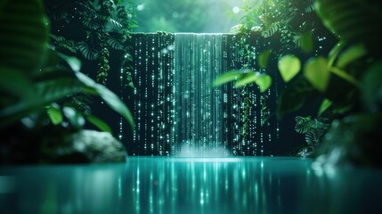 Wall Mural - A cascading waterfall that transforms into a cascading flow of data, showcasing the beauty and power of digital information in a natural setting.