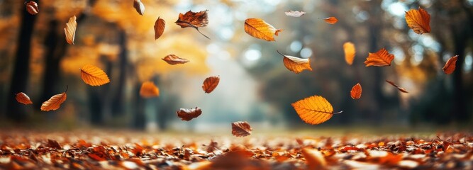 Wall Mural - A beautiful autumn scene with leaves falling from the trees. The leaves are scattered all over the ground, creating a colorful and serene atmosphere