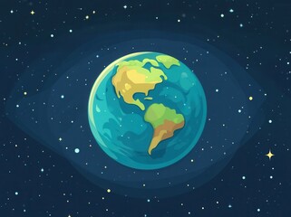 Wall Mural - a cartoonish drawing of the earth with a blue sky and stars in the background. the drawing is of a c