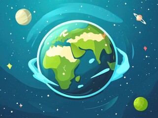 Wall Mural - a cartoon drawing of the earth with a blue sky and a green planet. the earth is surrounded by a blue