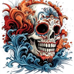 Wall Mural - Sugar Skull with Floral and Wave Design