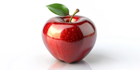 Close-up of a vibrant red apple with a glossy surface and a single green leaf on a solid white background, featuring a slight tilt, smooth curves, and a subtle reflection below