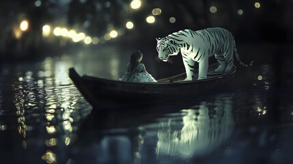  a boat floating on a river at night. A girl in a white floral lace dress sits in the boat, while a white tiger with clear, detailed fur stands at the boat's tip. Their reflections are cast on the sur