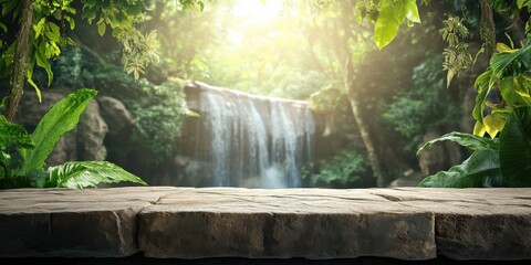 a waterfall is in the background of a lush green forest. the waterfall is a beautiful and serene sce