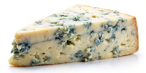 Close-up of Gourmet Blue Cheese Wedge on White Surface, Showcasing Mottled Pale Yellow with Intricate Blue and Green Veins; Clean Composition Evoking Indulgence and Culinary