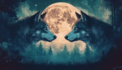 Two wolves are staring at the moon in a forest. The moon is full and bright, casting a soft glow on the trees and the wolves