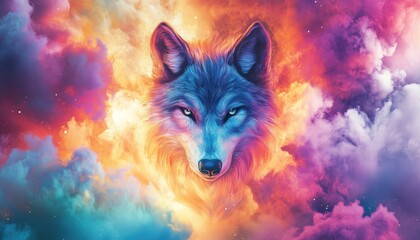 A wolf with a blue face is in the middle of a colorful sky. The wolf's eyes are glowing, and the sky is filled with clouds of different colors. The image has a dreamy, whimsical feel to it