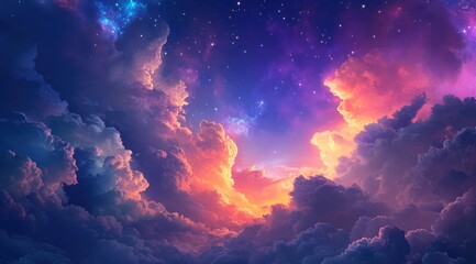 Wall Mural - a colorful sky with clouds and stars. the sky is filled with a variety of colors, including blue, pu